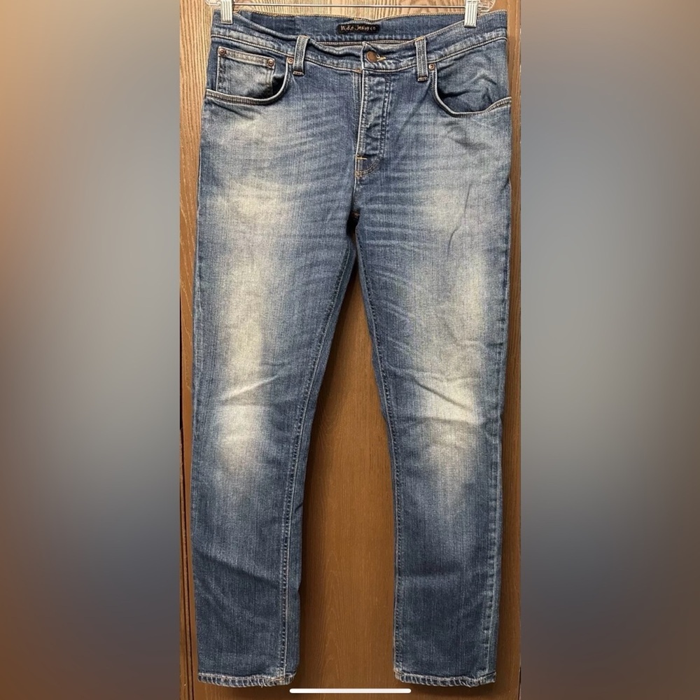Nudie Jeans Co. Mens 34x32 Grim Tim Organic Cotton Button Fly Jeans Medium Wash